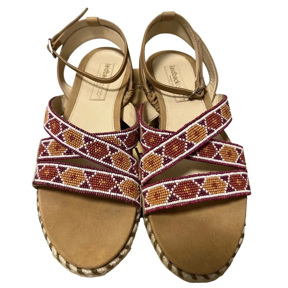 Laidback‎ London Sandals Women Tan Excellence Beaded Espadrille Boho Ankle Strap
